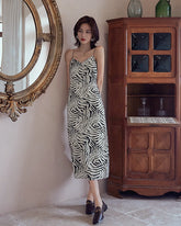 Robe en Soie à Bretelles Spaghetti Imprimé Zèbre